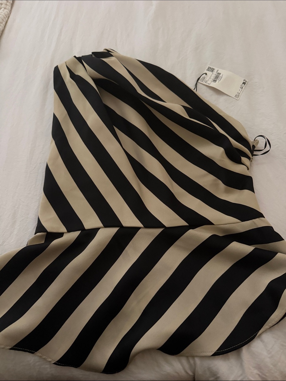 Mango Black and Beige Striped One-Shoulder Top